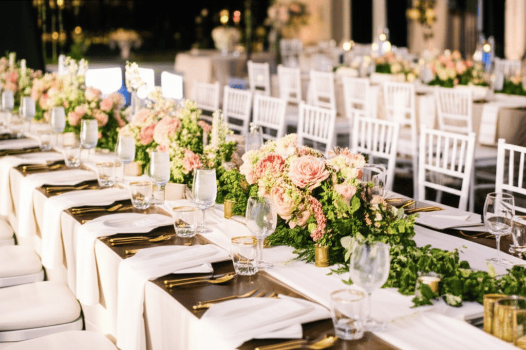 Elegant wedding reception with chiavari chairs, floral centerpieces, and candlelight.